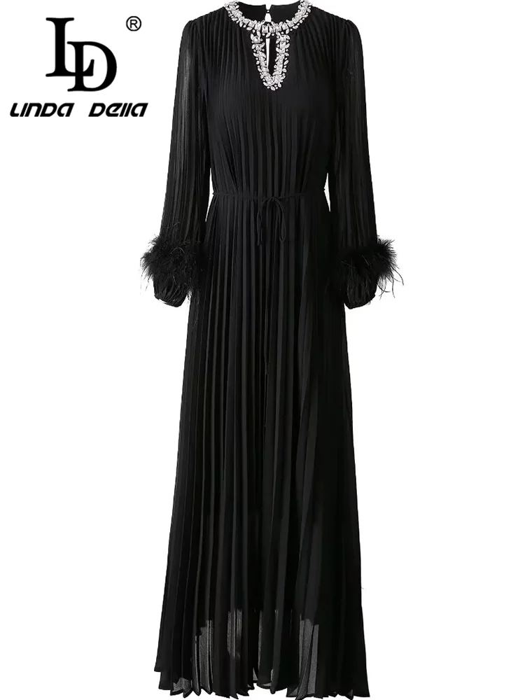 LD LINDA DELLA Women's Elegant Pleated Dress Round neck Beading Long-Sleeved Feathers design Lace-Up Luxury Evening Dresses