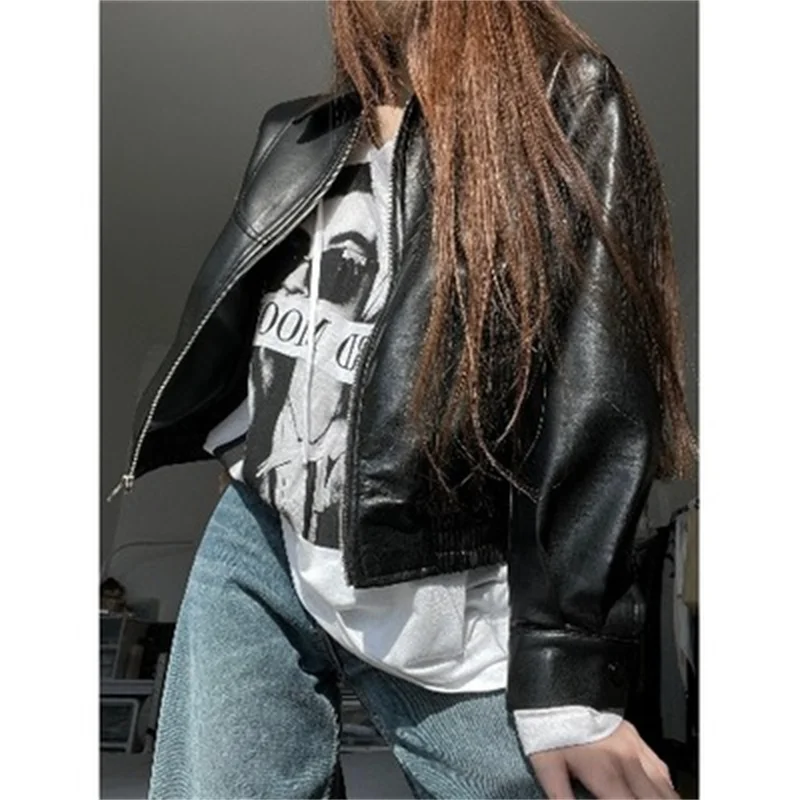 Spice Girl Senior Black Motorcycle Leather Coat Female 2023 Spring Summer New Vintage Casual All-match Leather Jacket Short Top