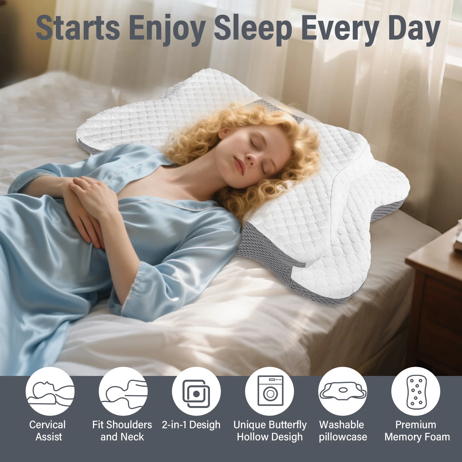 Oreiller à mémoire de forme rafraîchissant à récupération lente, Oreiller cervical ergonomique en coton à mémoire de forme, Oreiller papillon