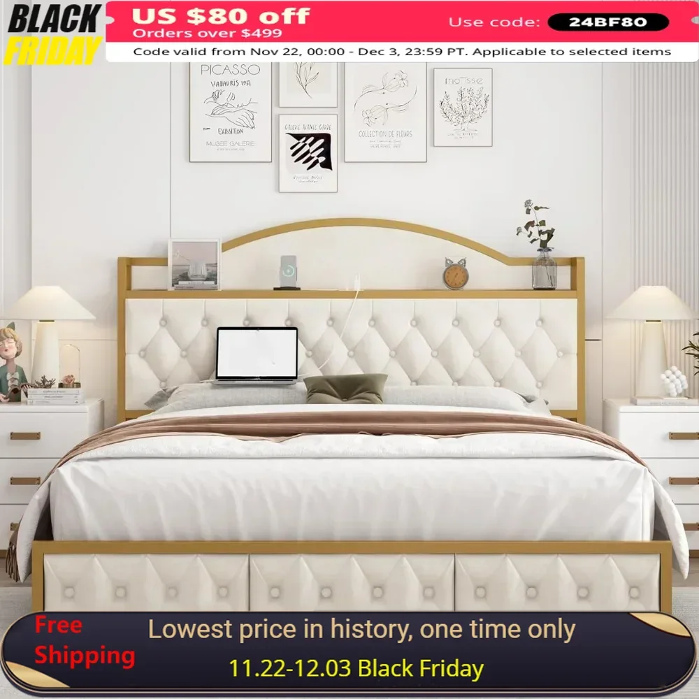 King Size Bed Frame and Headboard, Storage Extra Large Bed Frame with Charging Station, Bohemian Style Bed Frame