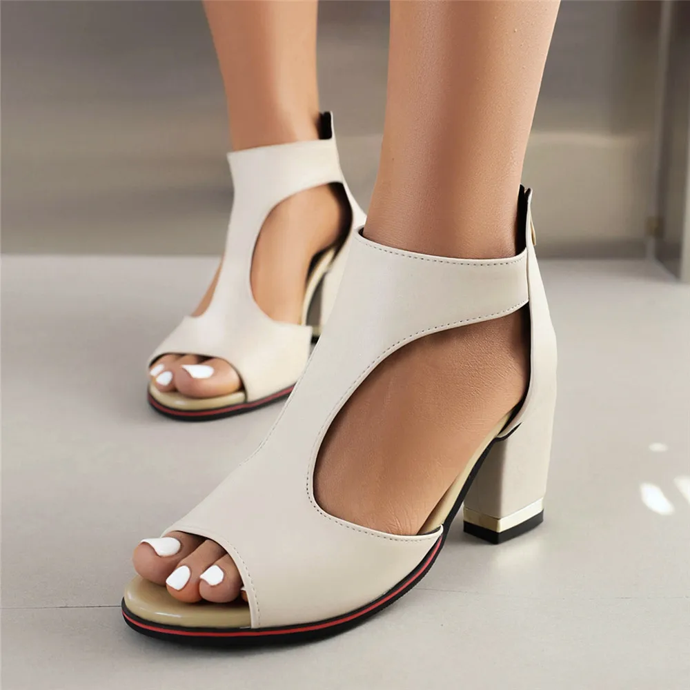 Women Square High Heels Summer T-Belt Ankle-Wrap Ladies Elegant Sandals Back Zipper Fish Mouth Party Sandalias Female Shoes