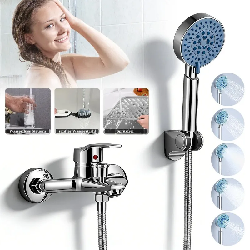 Robinet de baignoire avec douchette haute pression 5 fonctions, kit complet de robinetterie de bain comprenant une buse de pulvérisation détachable et un tuyau de douche flexible de 1,5 m pour l'installation et le remplacement de la baignoire à domicile.