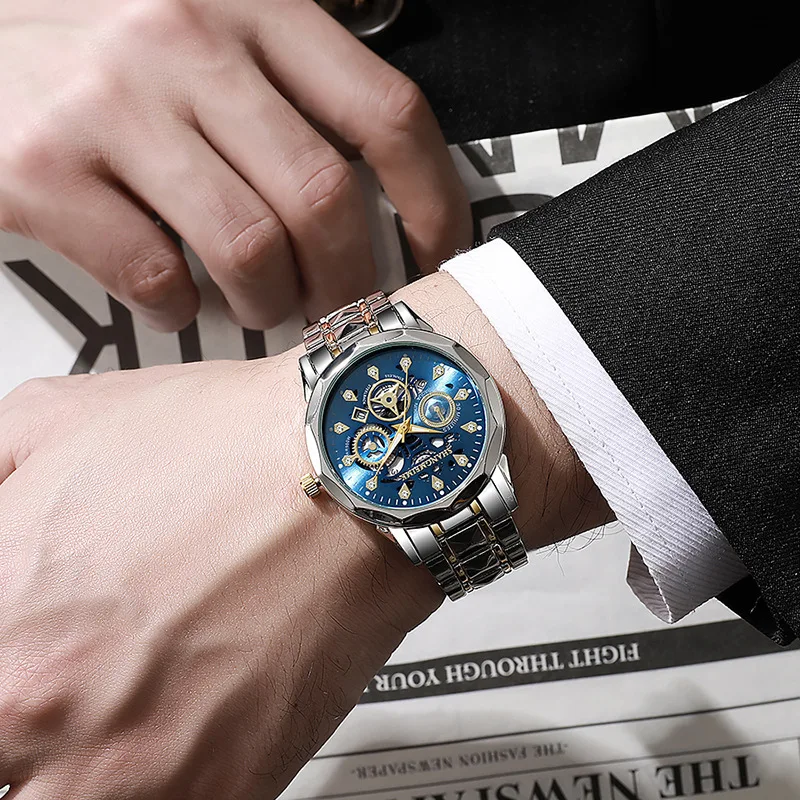 ใหม่แฟชั่นชายธุรกิจหรูหรา Casual นาฬิกาควอตซ์ผู้ชายที่มีชื่อเสียง Hollow Skeleton สแตนเลสนาฬิกา Reloj Hombre ของขวัญ