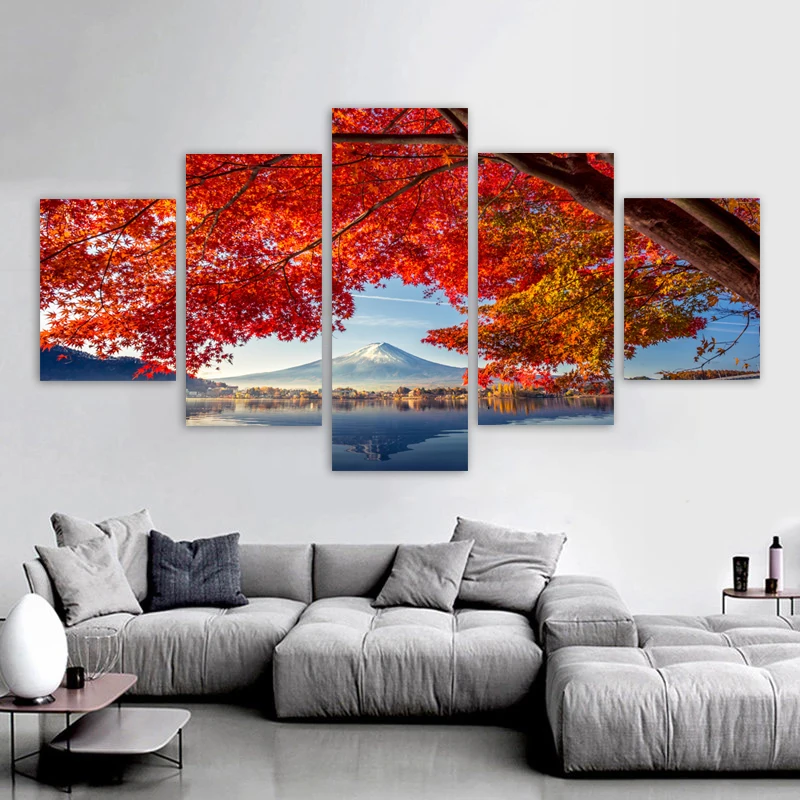 

5 Panels Fuji Mount Landscape Posters Prints Canvas Paintings Cherry Blossoms Pictures Wall Art Living Room Home Decor No Frame