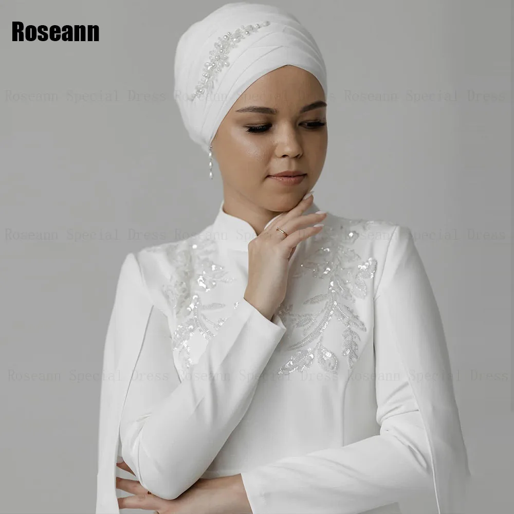 Customized Muslim 2025 New Ivory A-line Wedding Dresses High Collar Applique Lace Full Brush Train Bride Dress robe de mariée