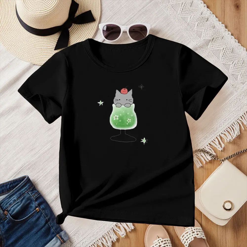 

Korean Cute Cartoon Cat in Cocktail Glass Print T-Shirt Women Summer Short Sleeve Funny Graphic Tee Casual Y2k Black Fashion Top