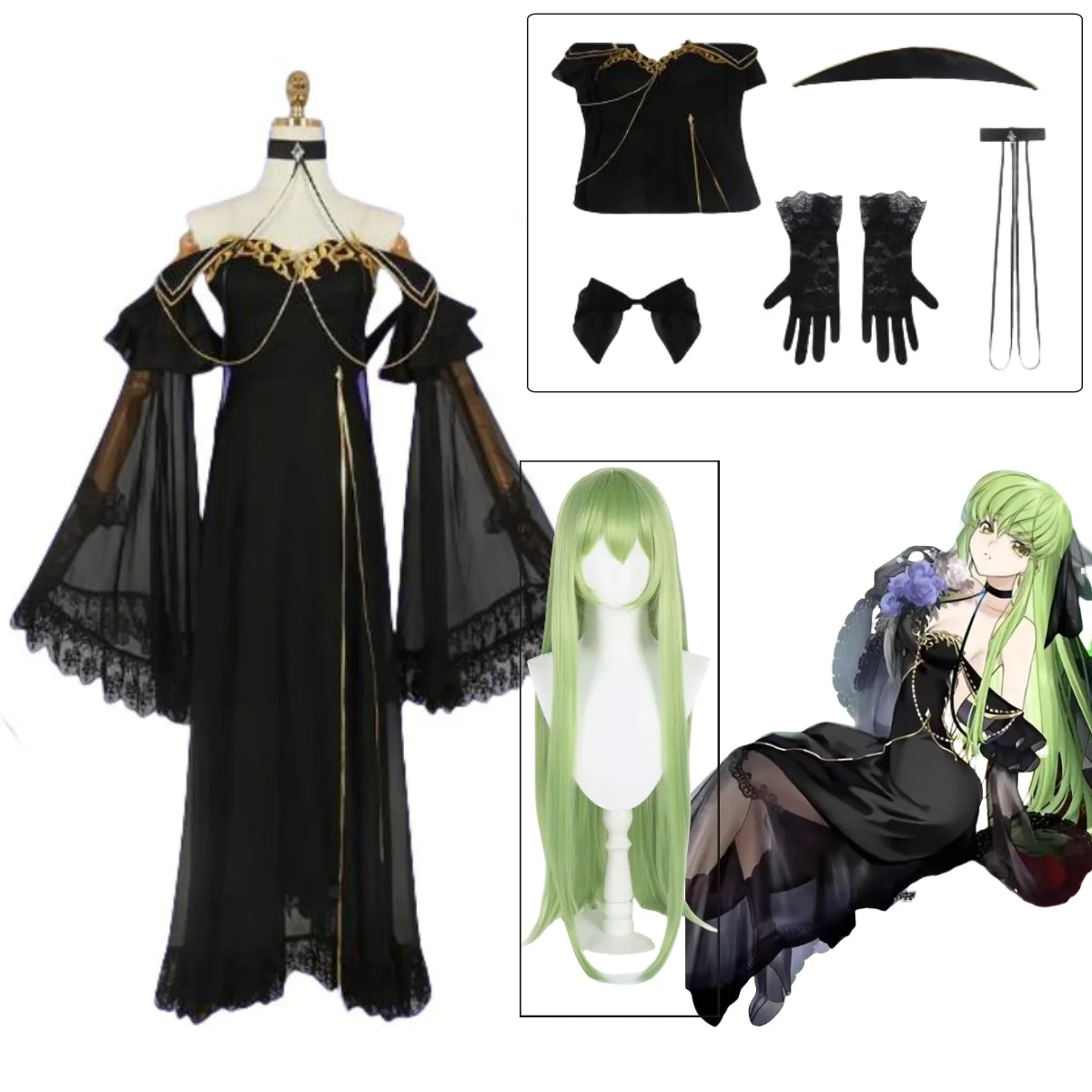 

Code Geass Queen CC Cosplay Costume Wig Black Lace Long Dress Sexy Outfit Woman Costume Anime Halloween Carnival Role-play Suit