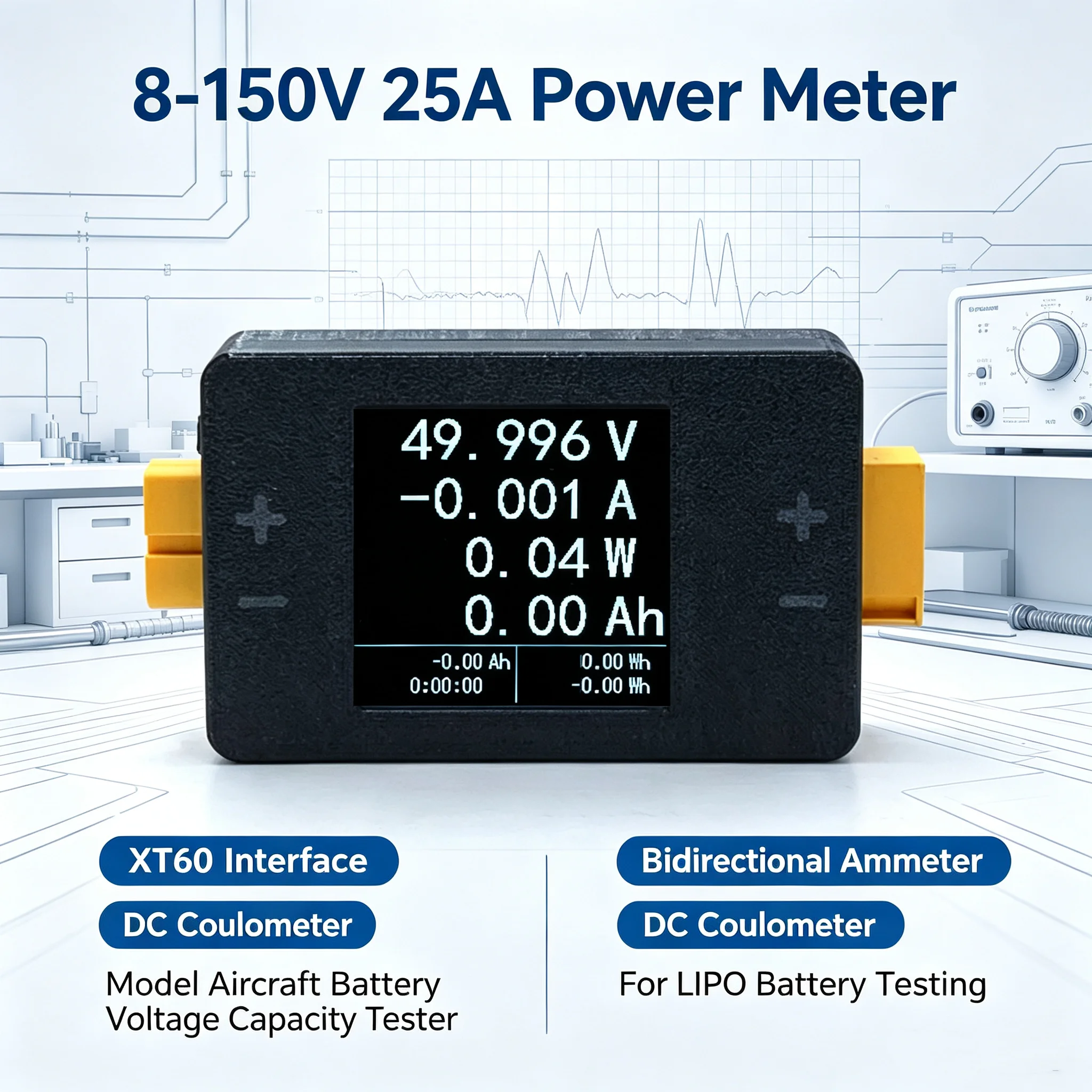 8-150V 25A DC Coulomb Meter XT60 Interface Bidirectional Power Current Voltage Capacity Tester RC LiPo Battery Monit