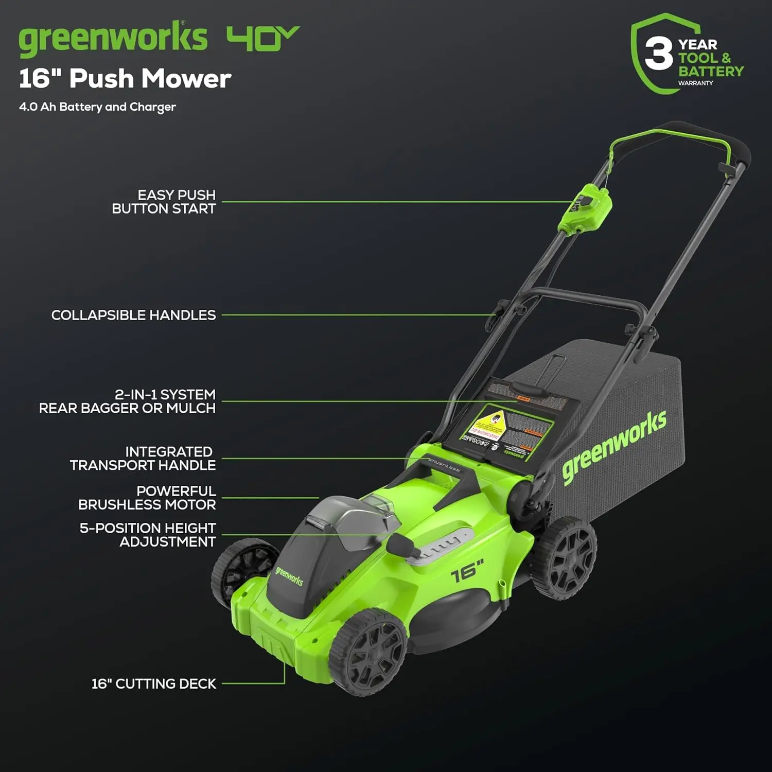 Imagem -02 - Cortador de Grama sem Fio Push Greenworks 40v 16 Mais Soprador 350 Cfm Bateria de 40ah e Carregador Incluídos Compatível com 75+