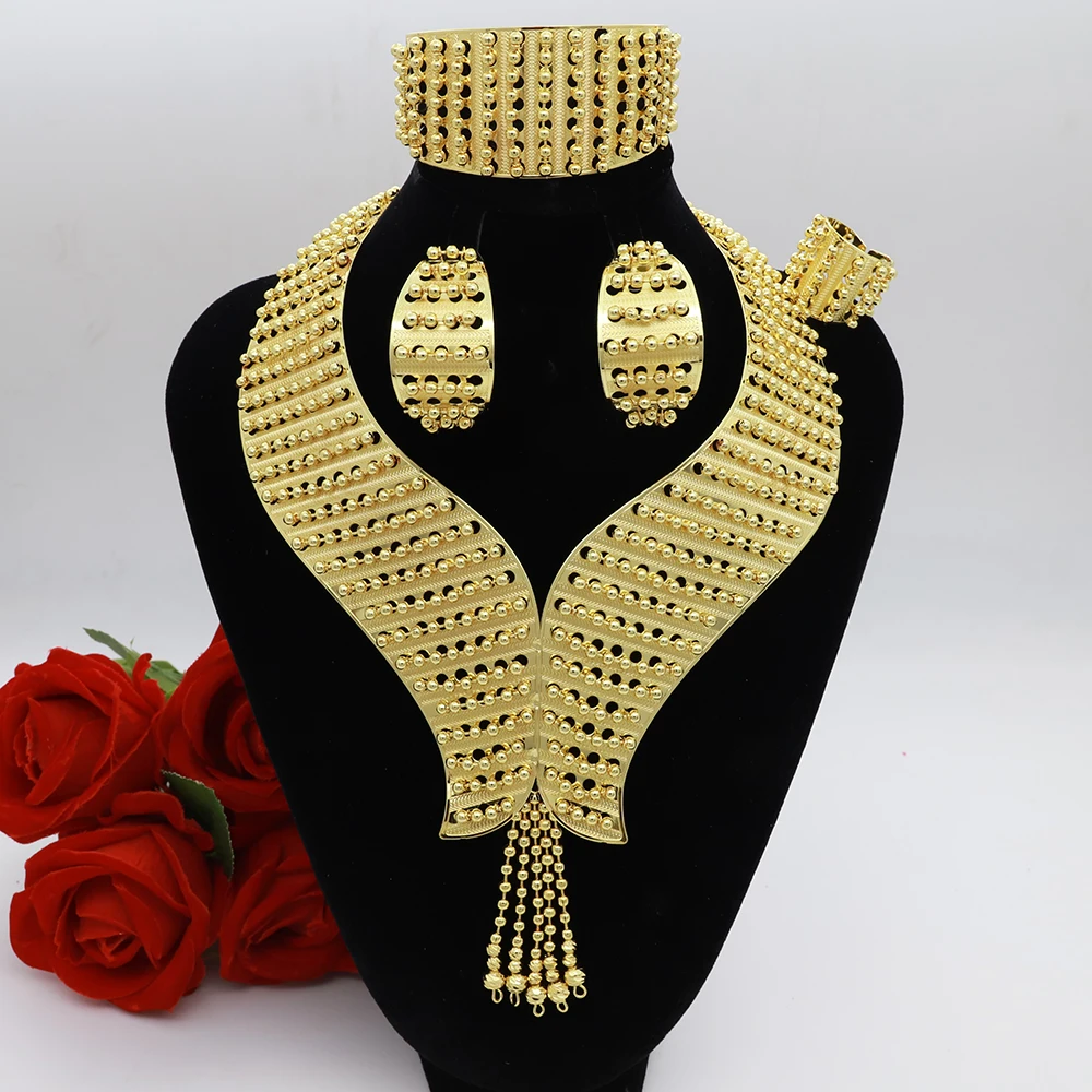 Brazilian 18K Gold Plated Golden Beads Necklace Bracelet Women Luxury Jewelry Set Fashion Big Earrings Ring Party Wedding Bijoux