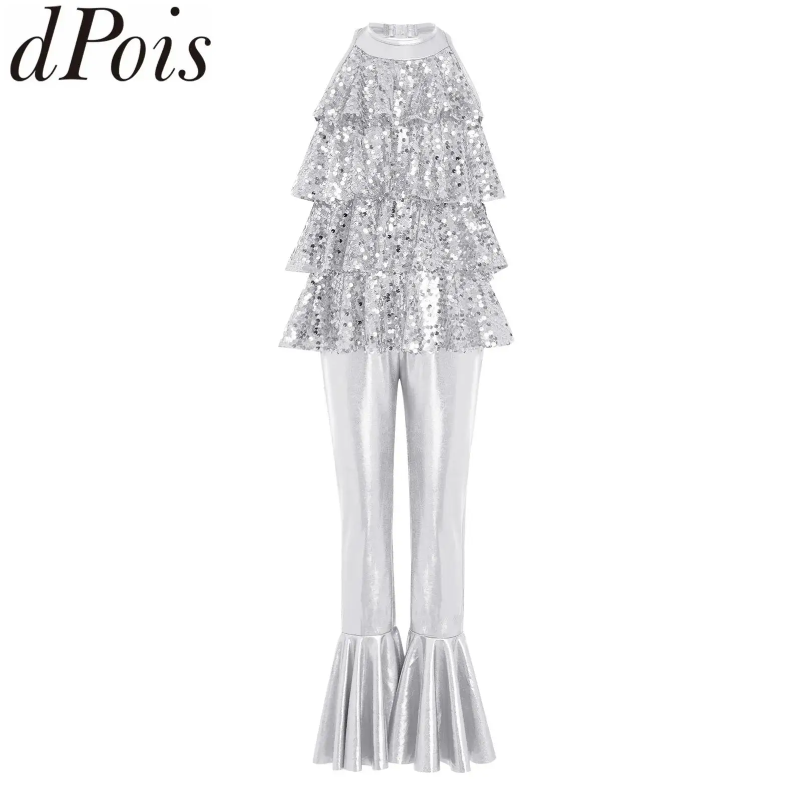 kids-girls-shiny-sequin-tiered-ruffles-jazz-tango-samba-jumpsuit-performance-dresses-halter-sleeveless-bell-bottom-full-bodysuit