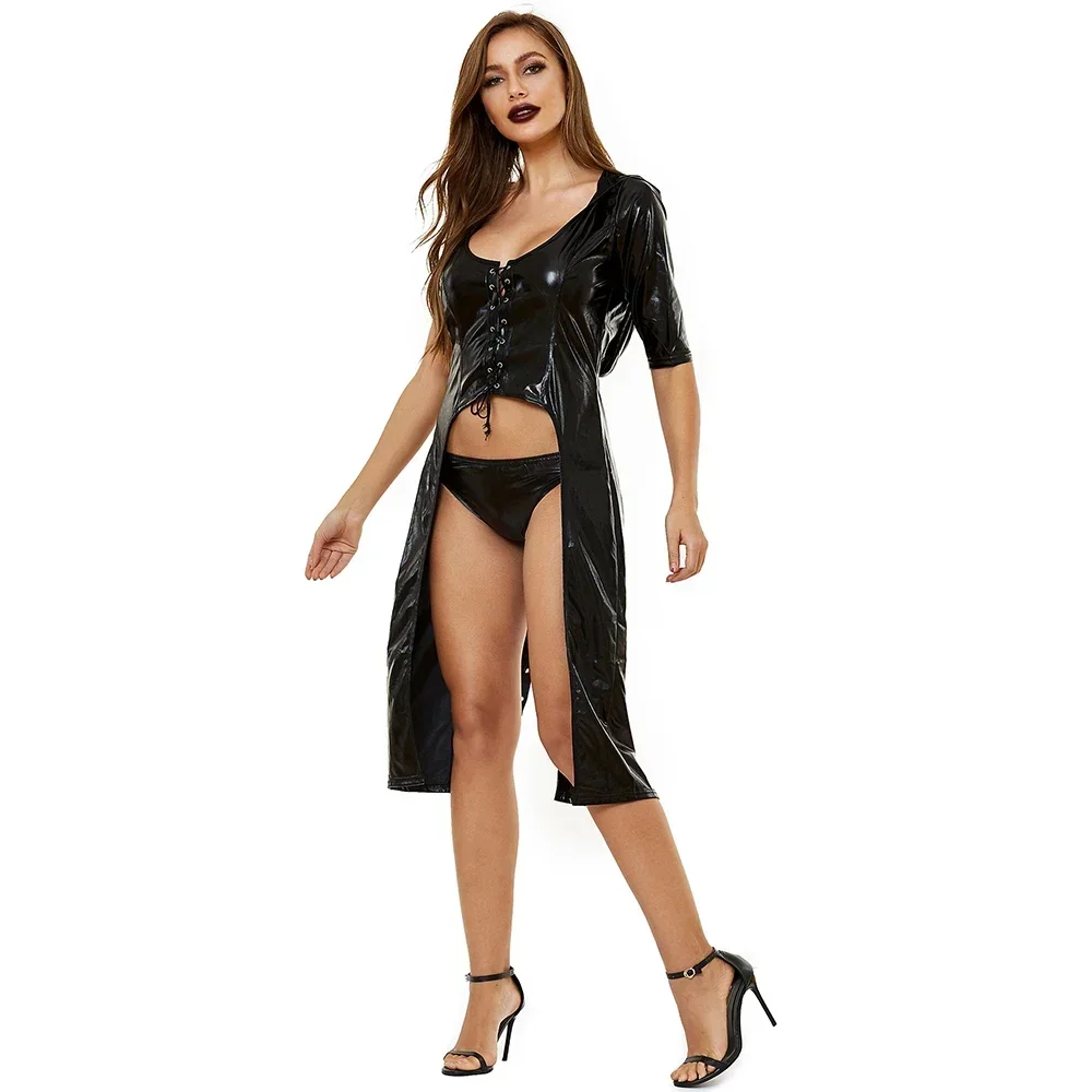 المرأة الاباحية مثير الأسود نظرة الرطب اللباس PVC براءات الاختراع والجلود صنم اللاتكس Catsuit جنسي الملابس الداخلية المثيرة كلوبوير اللباس