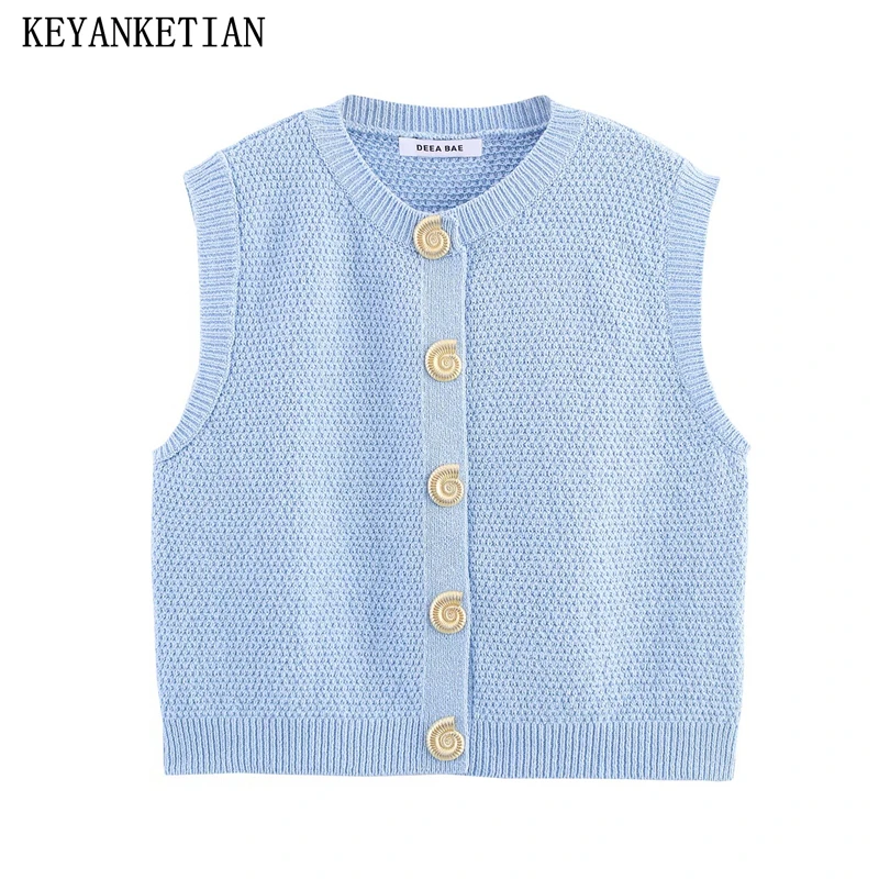 

KEYANKETIAN 2025 New Women Golden Button Decorated Textured Knitted Vest Top Leisure style Patchwork O-Neck Sleeveless Sweater