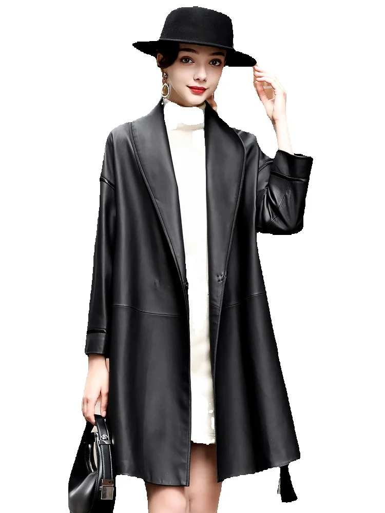 New Season Genuine Leather Sheep Skin Trench Coat Casual Fashion Jacket V-Neck Korean Version