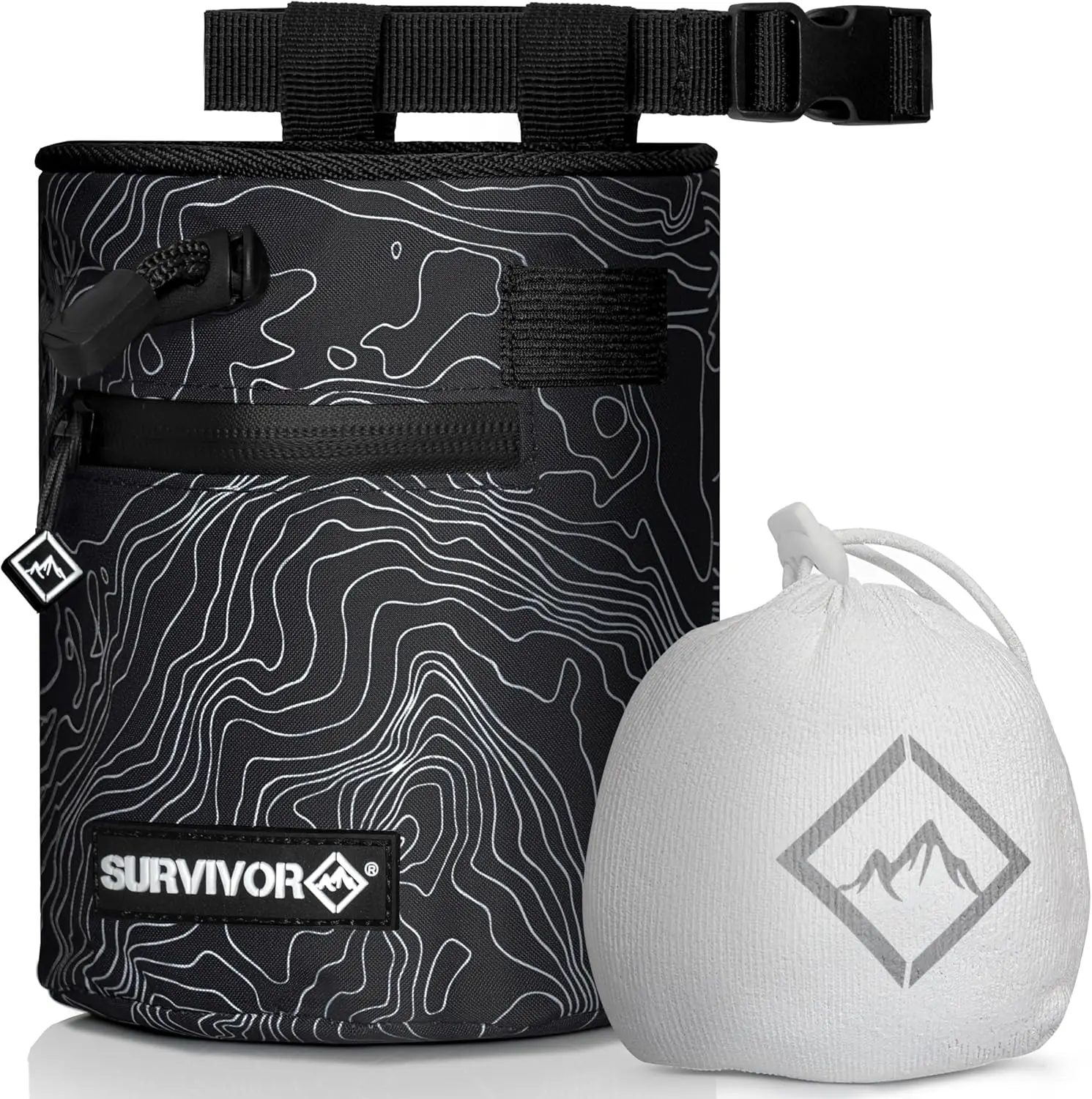 Bolsa para Tiza + Bola de Tiza Recargable - Mapa Topográfico Icónico, Cierre con Cordón, 2 Bolsillos con Cremallera y Soporte para Cepillo - Bolsa para Tiza de Escalada para Escalada en Roca, Bouldering, Levantamiento de Pesas, Gimnasia