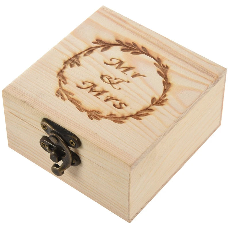 Suministros de boda, caja de anillo romántica de madera rústica a la moda para boda, soporte para anillo de boda con letras Mr Mrs, caja para guardar anillos de boda, estuche de joyería