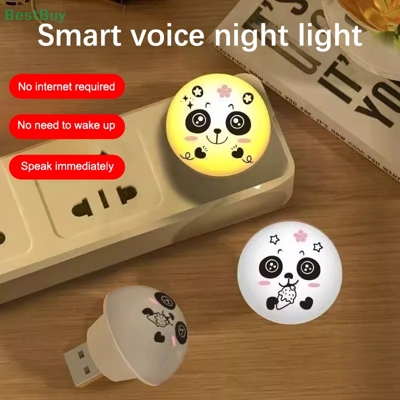 USB Panda Artificial Smart Voice Controlled Night Light Bedside Camping Plug Use LED Indoor Sleep Lights