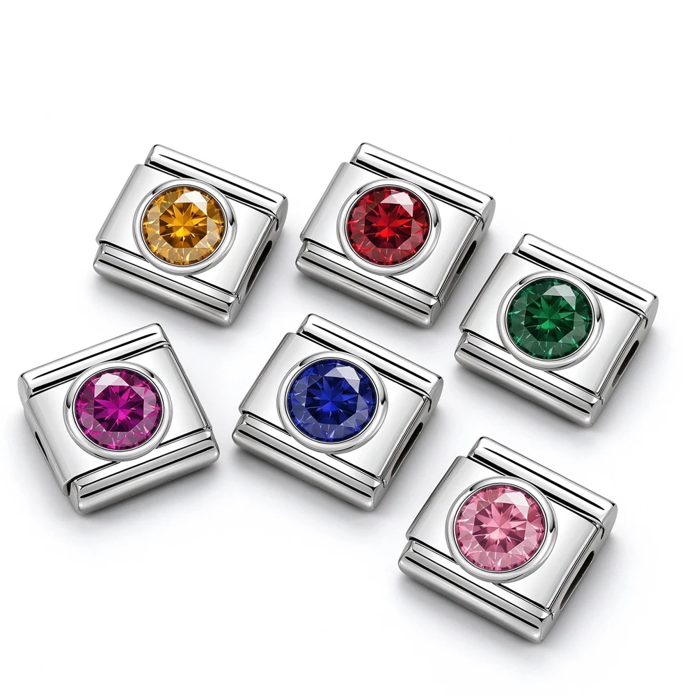 New Fashion Exclusive Lucky Month Stone Italian Charms Link Fit 9mm Stainless Steel Bracelet Making DIY Women Jewelry