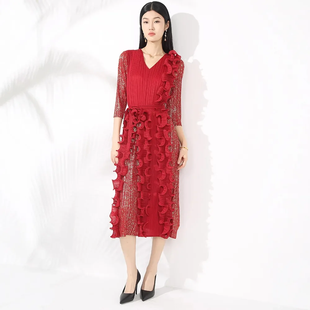 プリーツオーラエンボスVネックレディースドレス,シック,フリルトリム,ウエスト,ルーズ,ミヤケ服,春,新しいコレクション,2022