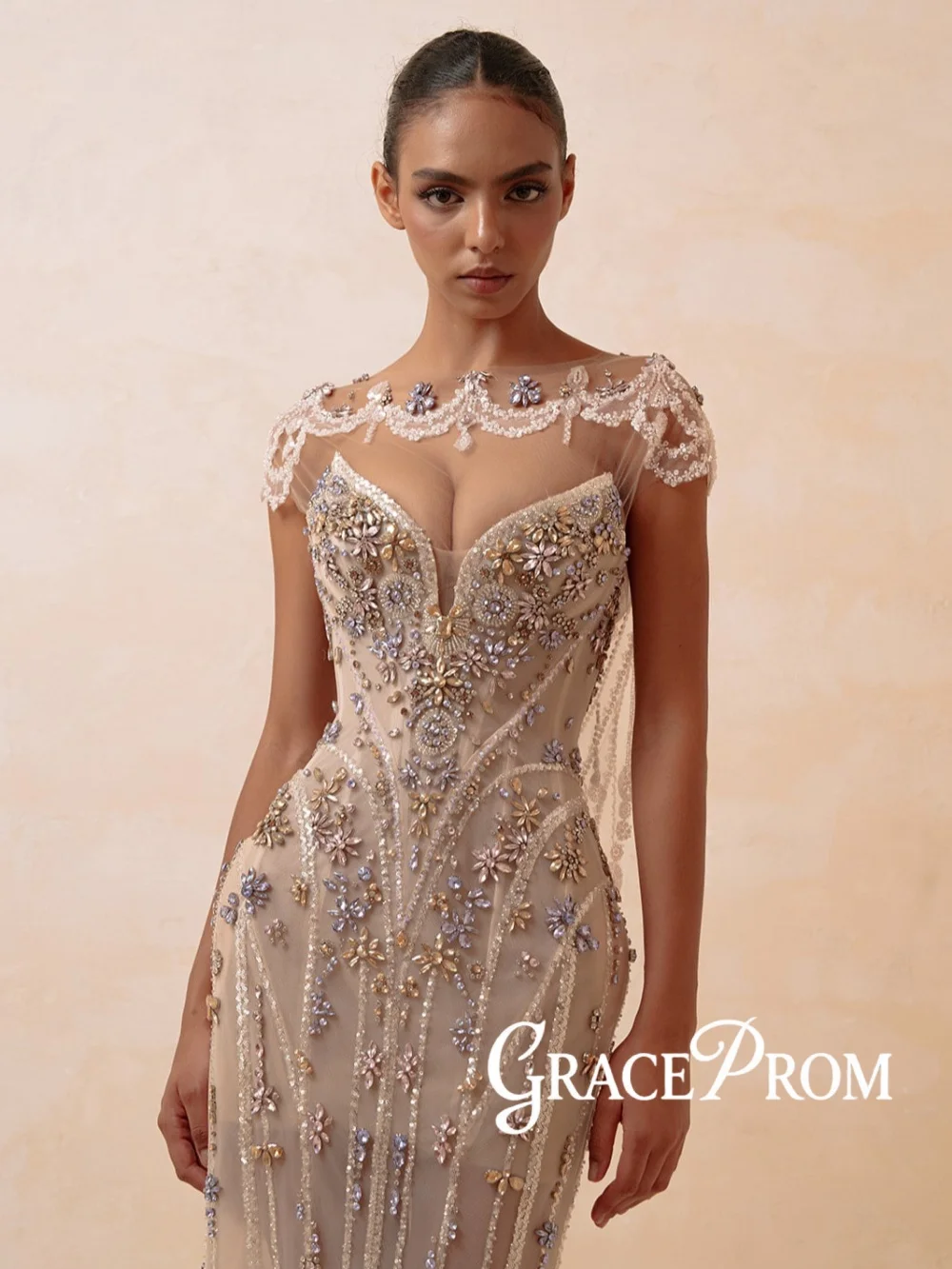 

Colorful Shimmering Crystal Evening Dress Floor-length Illusion Mermaid Wedding Party Gowns Customized Opulent Banquet Gowns