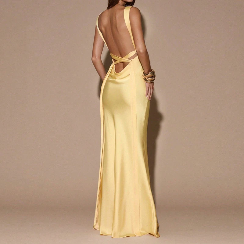 Summer Elegant Backless Evening Party Dress Women Fashion Solid Satin Maxi Dress Sexy Deep V‑Neck Sleeveless Fishtail Long Dress
