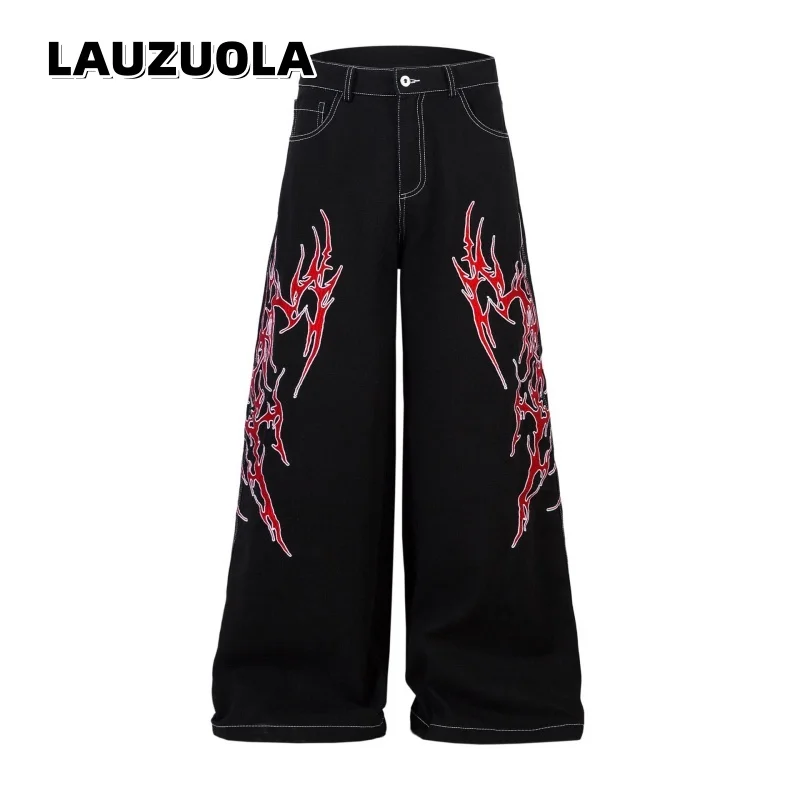 Calça Jeans Gótica com Bordado de Chamas Vermelhas, Unissex, Oversized, Baggy, Streetwear