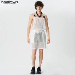 INCERUN 2024 American Style Bodysuits Fashion Men's Hollow Mesh Jumpsuits Casual Sexy Perspective Thin Sleeveless Rompers S-5XL