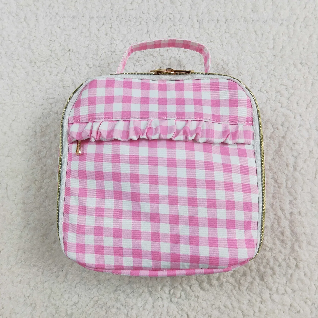 Wholesale Children Back To School Baby Girl Ruffle Lunch Box Travel Daypack Todder Pink Checked Outdoor Portable Kids Zipper Bag