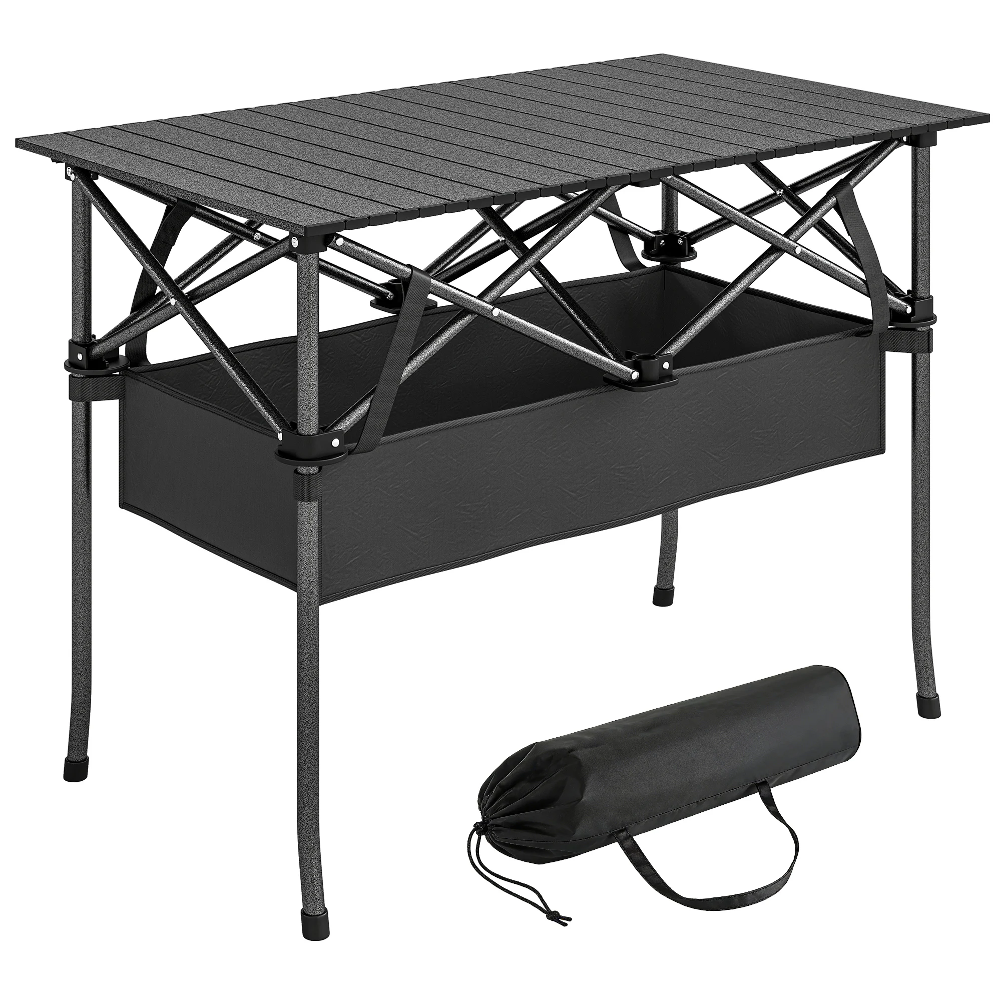 Outsunny Mesa Plegable Camping 93x55x68 cm con Red de Almacenamiento Negro
