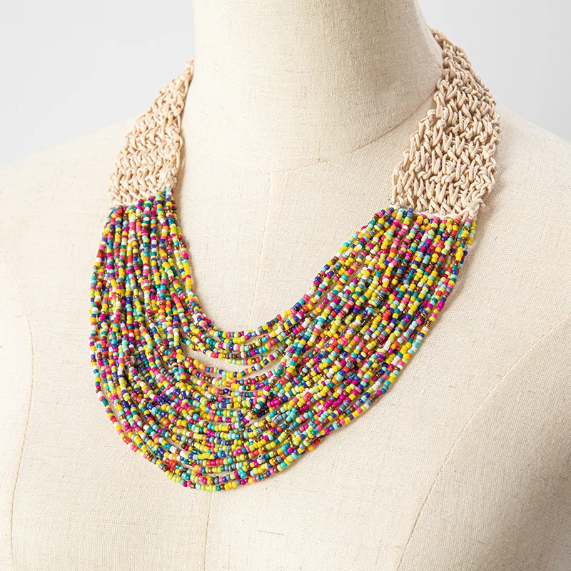 Beaded necklace Colour Originality Multilayer Hand knitting Bohemia Adjustable Tide Simple Retro Rice bead necklace