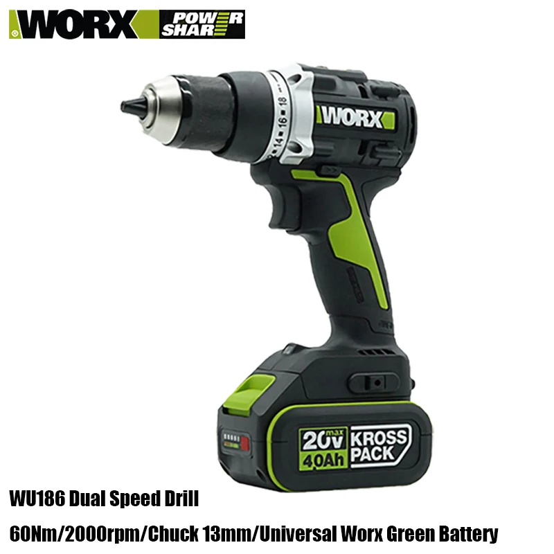 WORX Cordless Electric Drill WU186 20V 60Nm 2000rpm 2 Speed Adjustable Brushless Motor Power Share Green Battery Platform