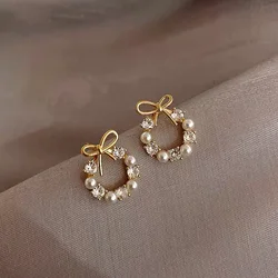 Delicate CZ Crystal Imitation Pearl Wreath Bowknot Stud Earring for Women Korean Style Gold Color Geometry Jewelry Brincos Gift