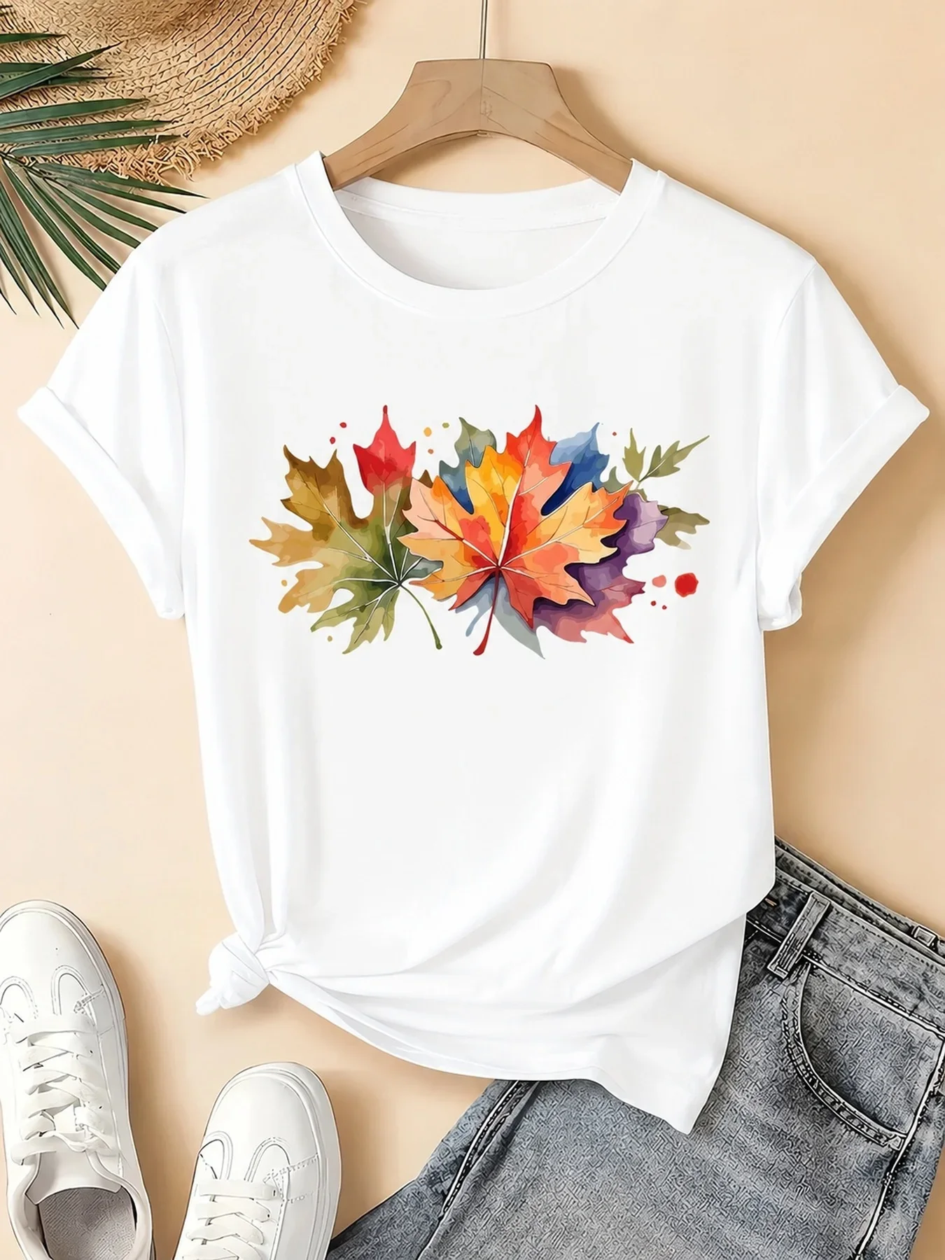 Watercolor Autumn Maple Leaves Graphic Print Women T-Shirt Gift for Fall Leaf Lovers Casual Everyday Women's 2000s Y2k Clothing