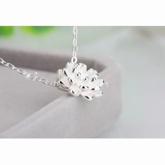Charm Link Chains Women Daily Party Pendant Necklace Accessories Fashion 925 Sterling Silver 3D Lotus Design For Girls