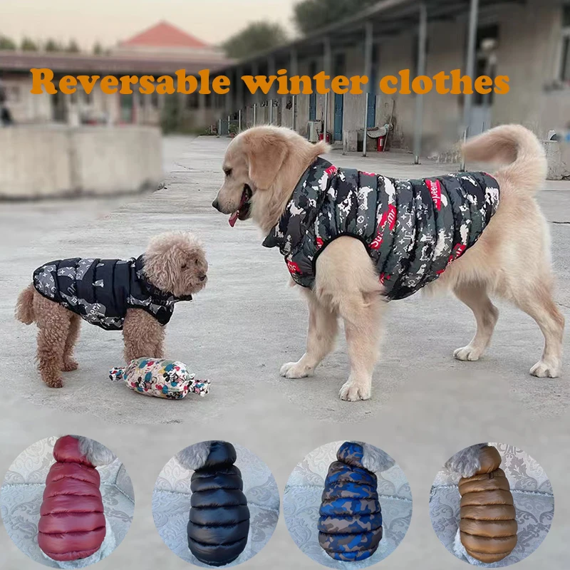 Reversable Winter Warm Clothes for Small Large Dogs Down Cotton Vest Double Sided Wear Windproof Fashion Camouflage Kirky Coat