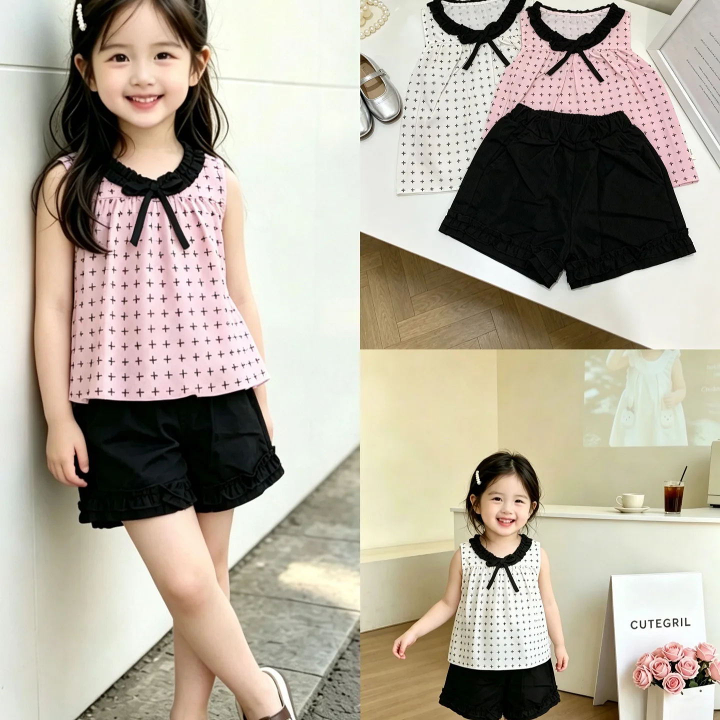 Sweet Girls 2 Piece Set 2026 Printed Pattern Lovely Girlish Feeling Sleeveless Vest Shorts Set Cool for Hot Summer Daily Outing