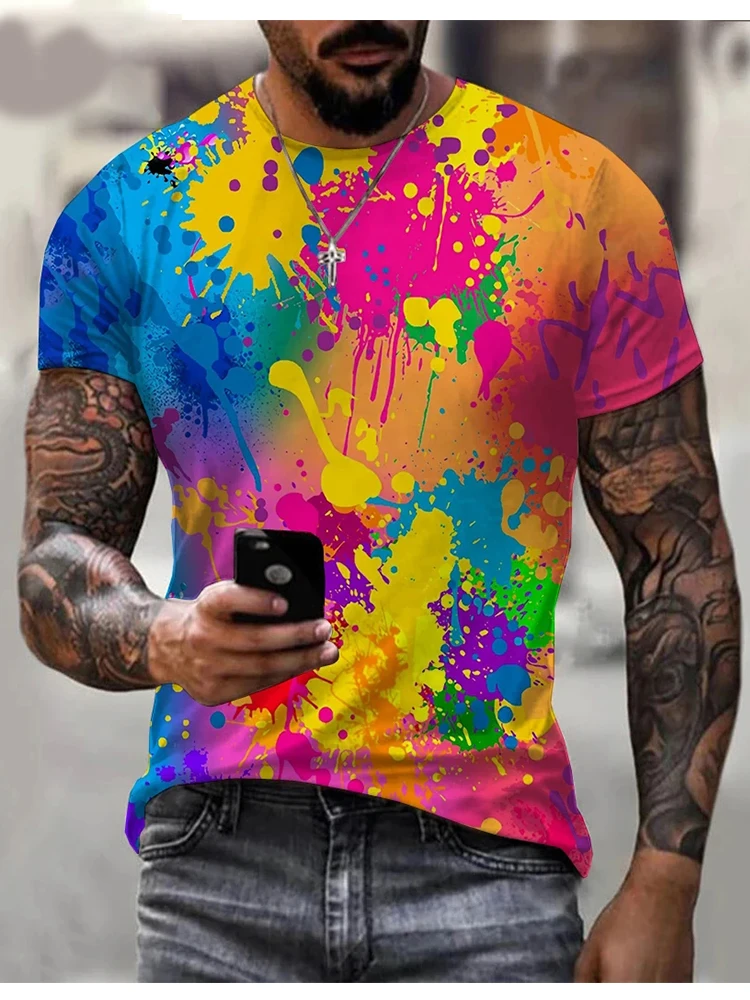 Fashion New Rainbow Paint Splash Men's Printed T-shirt Hip Hop Street Fashion Harajuku Round Neck Comfortable Short Sleeve Top