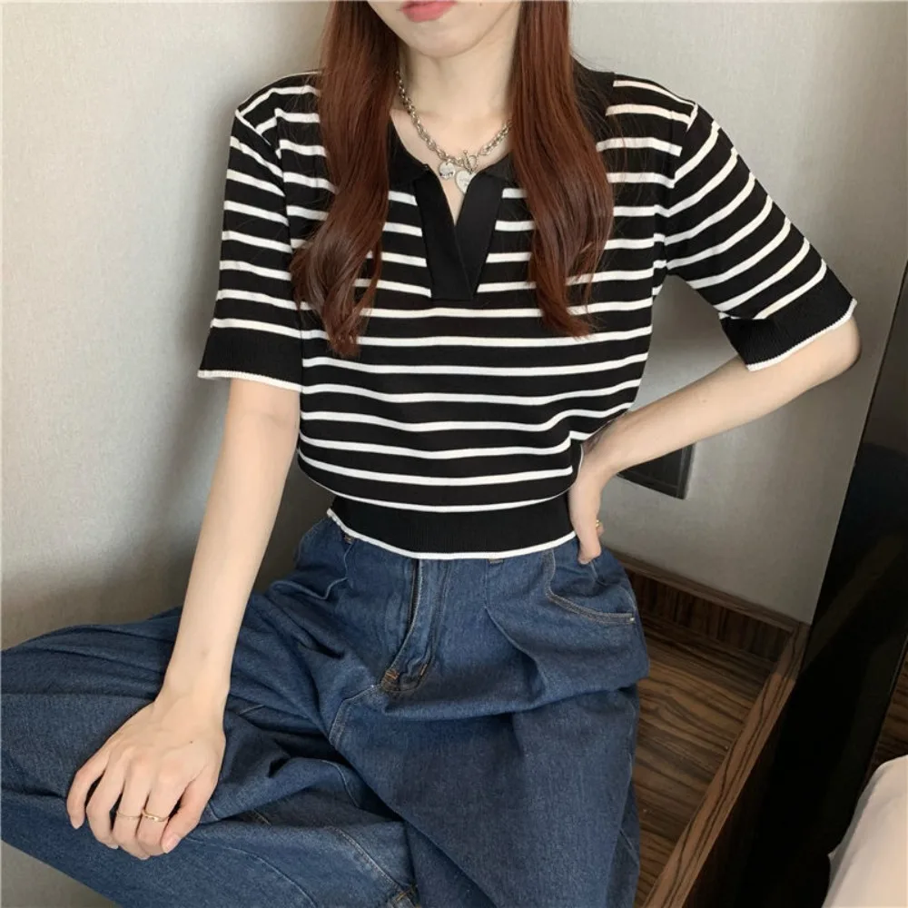 Fashion Summer Contrast Striped Knit Sweater Temperament Sweet Short Top Casual Popular Thin Top Outdoor