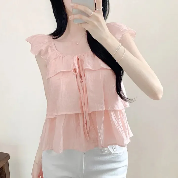 Chic Summer Women's Loose Chiffon Vest with Delicate Lace Sleeves And Waist Design Breathable And Comfortable Cotton Polyeste...