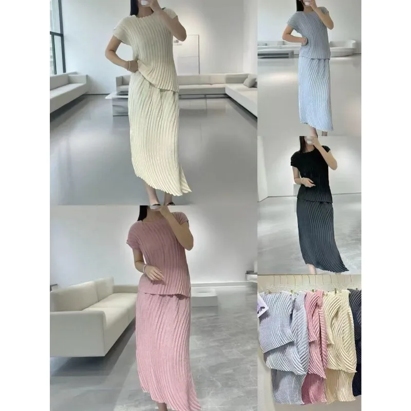 ชุดจีบพลีททำมือสไตล์มิยาเกะ สำหรับผู้หญิง ฤดูร้อน รุ่นใหม่ เสื้อครึ่งตัว กระโปรงทรงเอ ดีไซน์เรียบหรู สวมใส่สบาย สไตล์ลำลอง เสื้อผ้าผู้หญิงสไตล์เกาหลี ไม่ยับง่าย