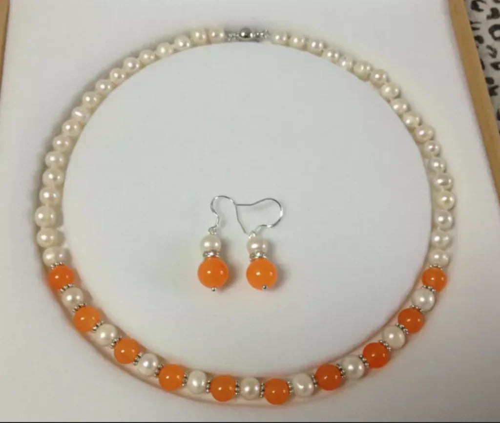 New Jewelry Necklace 7-8mm Genuine White Cultured Pearl/Orange Jade necklace 18