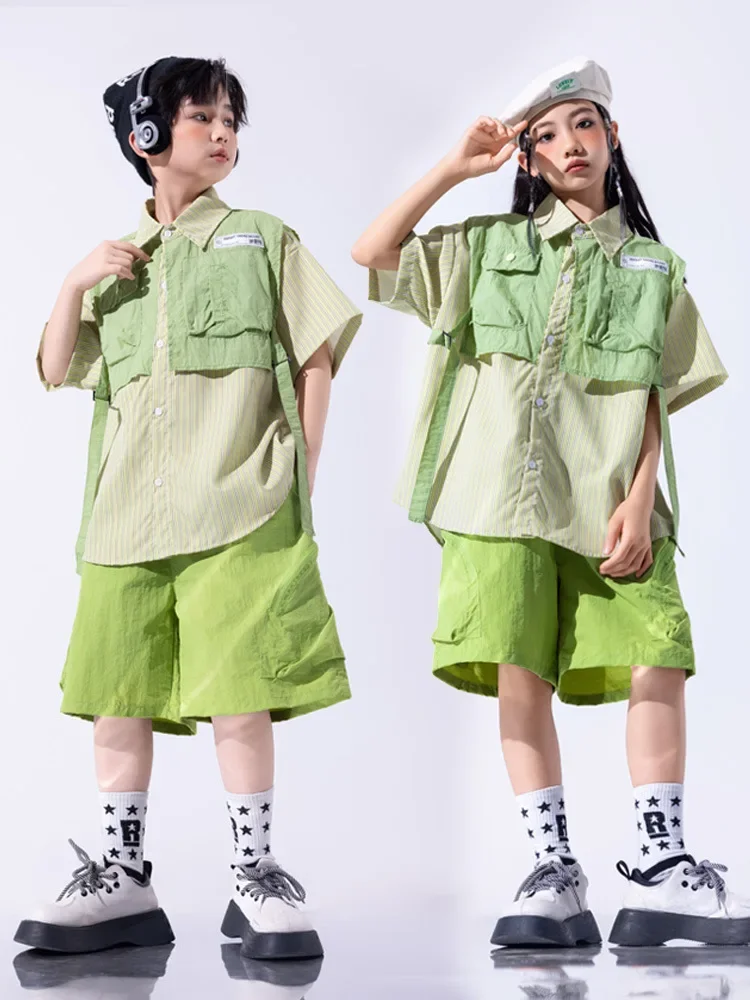 Traje de baile de Jazz para niña, Tops falsos de dos piezas, pantalones cortos verdes, conjuntos de ropa de actuación callejera de Hip Hop para niños
