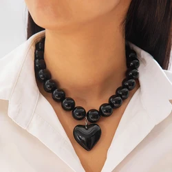 Tocona New Exaggerated Round Bead Heart Pendant Necklace for Women Handmade Adjustable Chain Choker Party Jewelry Gift Collar