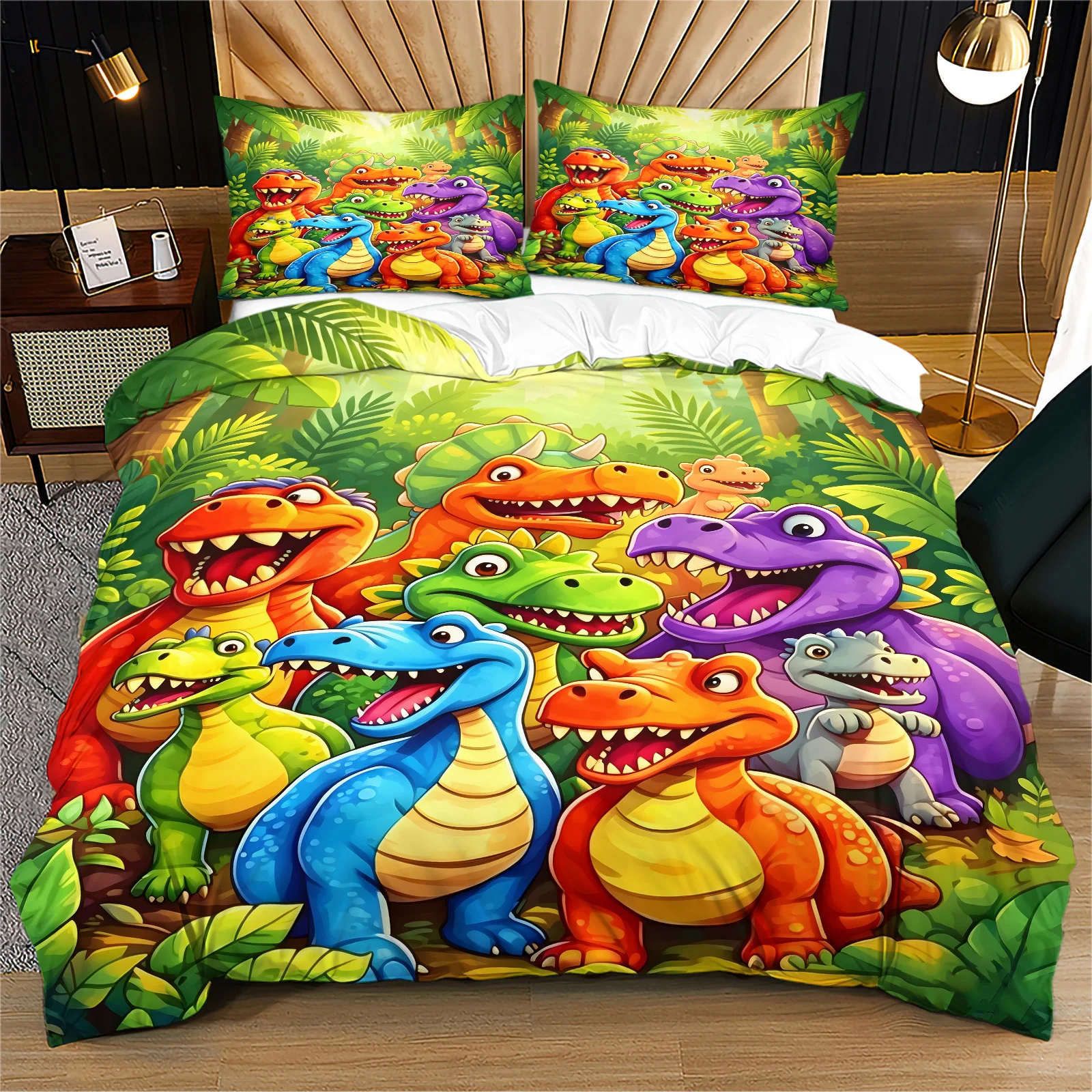 Jungle Cartoon Dinosaur Bedding Set Vibrant Multi‑Color Dino Animal Duvet Cover Set Soft Polyester Quilt Cover With Pillowcase