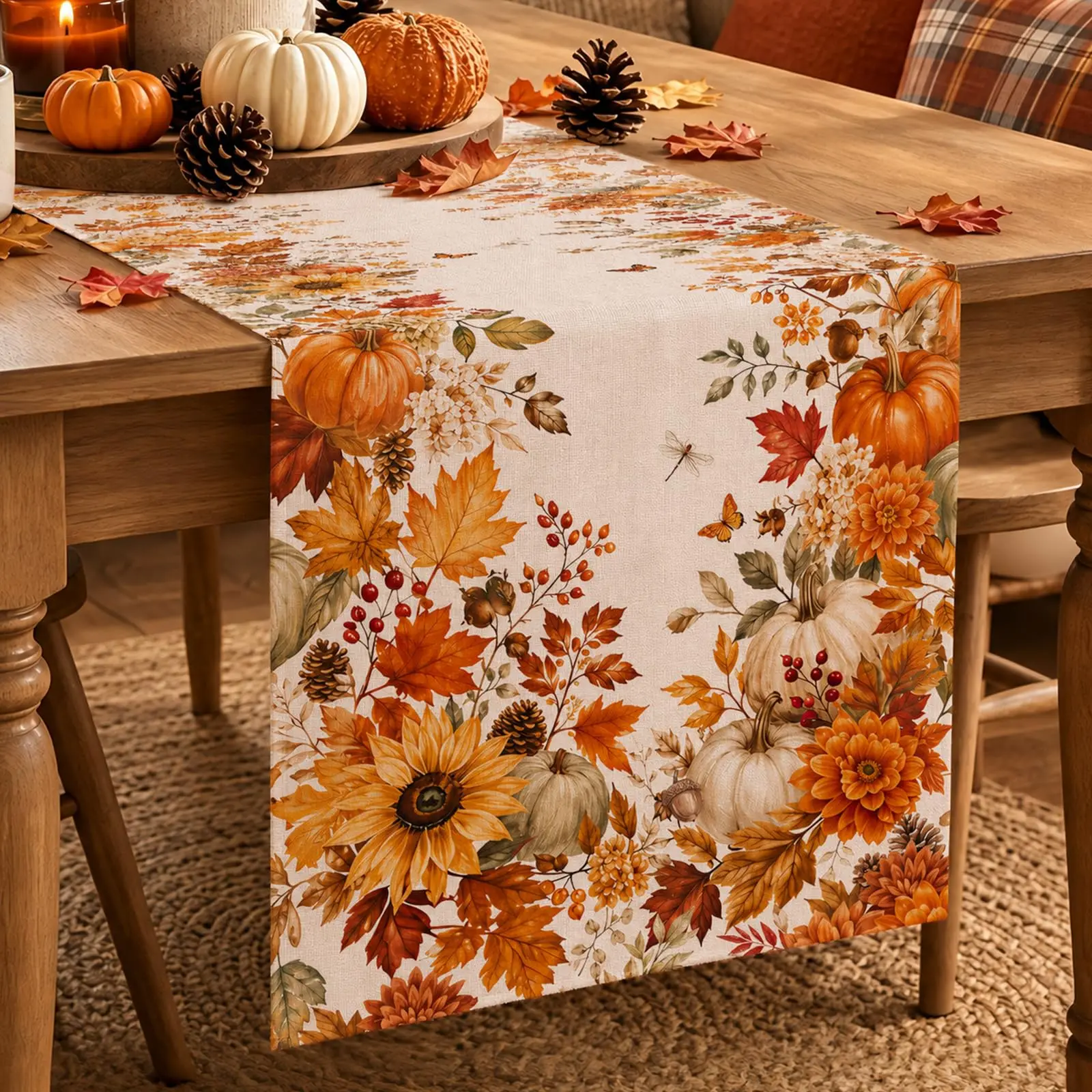 Autumn Sunflower Pumpkin Maple Leaf Table Runner Thanksgiving Farmhouse Style Table Decoration for Dining Table Kitchen Fall