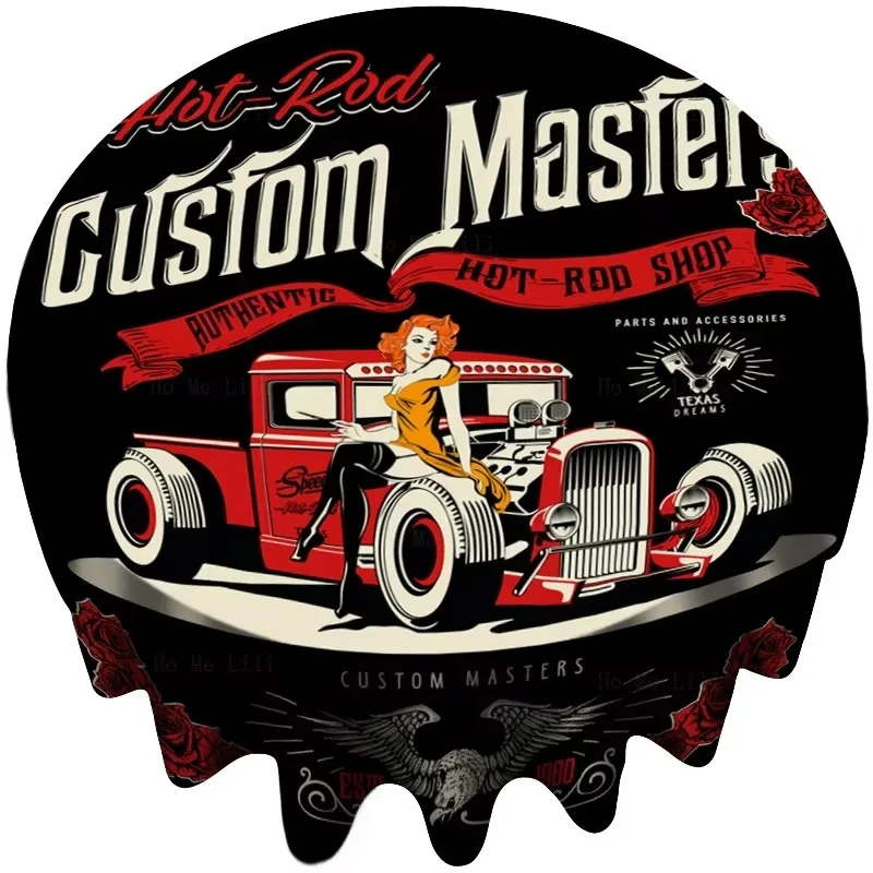 Hot-Rod-Auto und Pin-Up-Girl-Illustration, klassisches Pickup-Vintage-Poster-Design, runde Tischdecke für Tischdekoration
