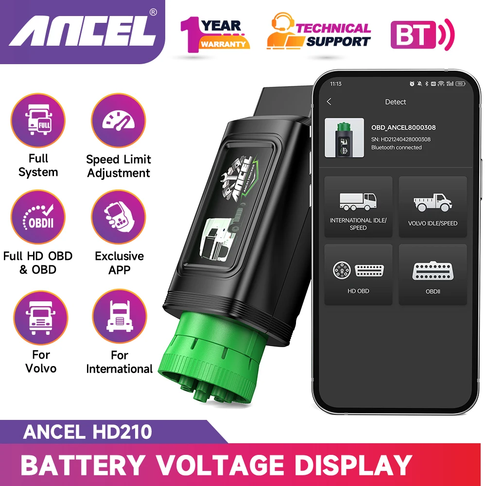

ANCEL HD210 Bluetooth сверхмощный сканер грузовиков, ограничение скорости, сброс холостого хода для Volvo и международных двигателей, все системы дизельного сканера