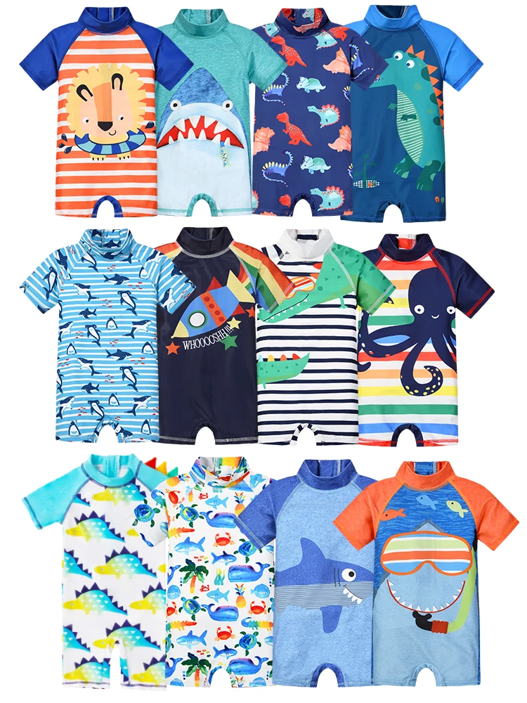 1pcs random summer baby boy short sleeved flat foot jumpsuit, sun protection, high elasticity, cartoon cute and cool
