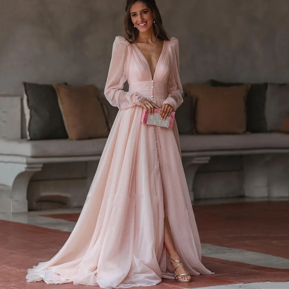 2023 Glitter Blush Pink Formal Evening Dress V-neck Long Sleeves Buttons Sequied Prom Party Gowns Vestidos De Fiesta