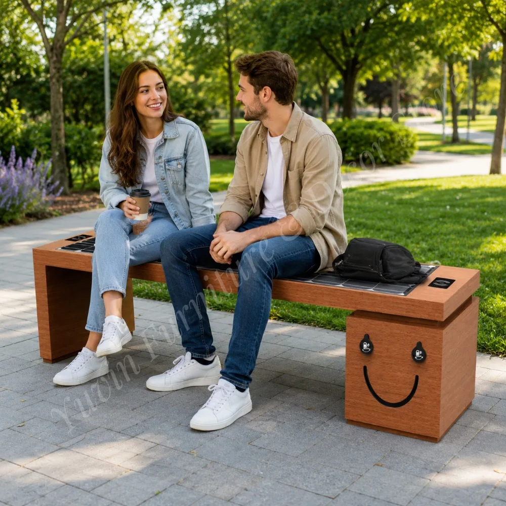Wood Grain U Shape Smart Solar Park Bench Outdoor Solar Charging Bench With USB Charging Port No Backrest Public Leisure Bench